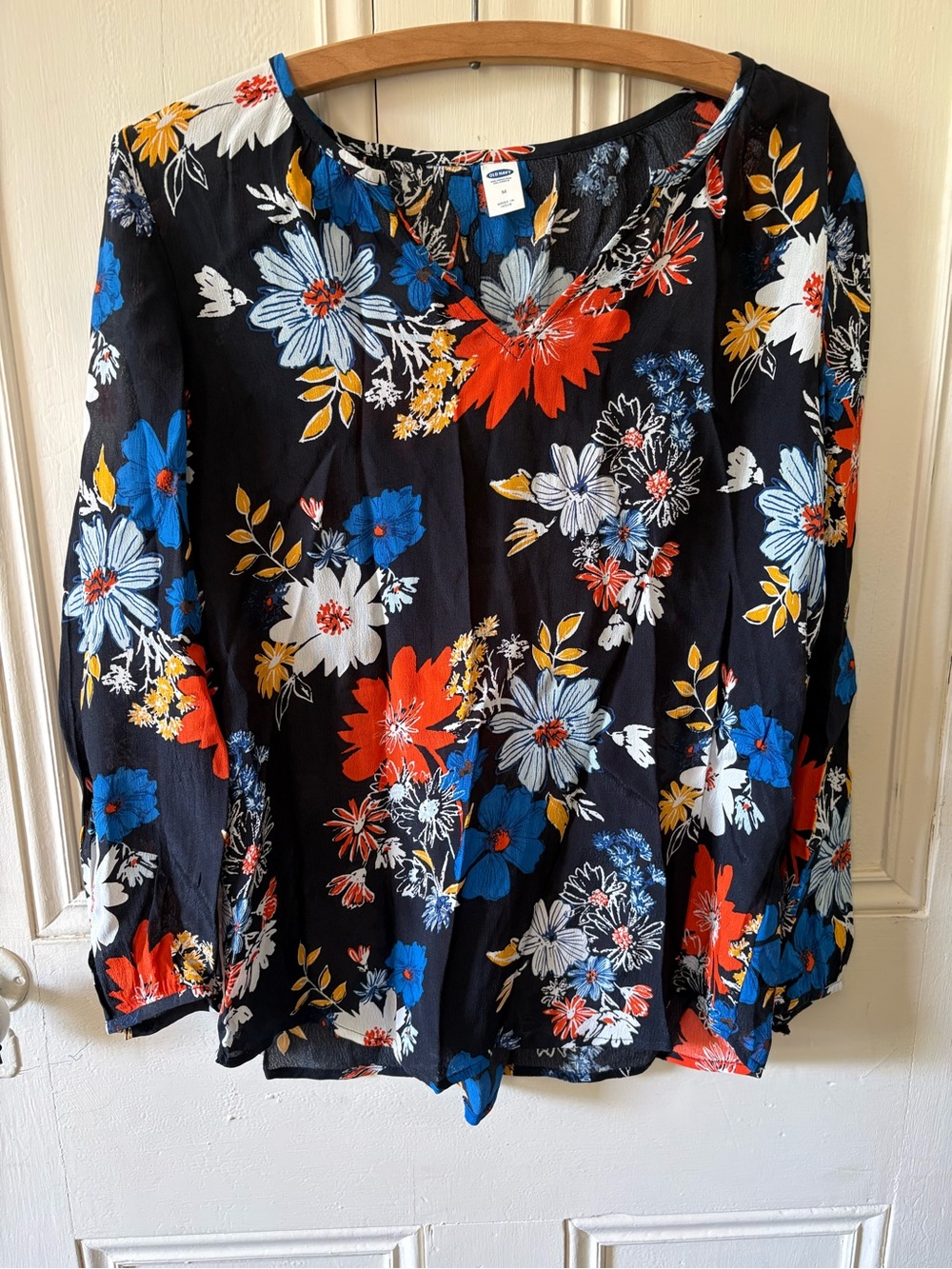 Old Navy Black Floral V-Neck Long Sleeve Blouse with Blue, Red & White Flowers